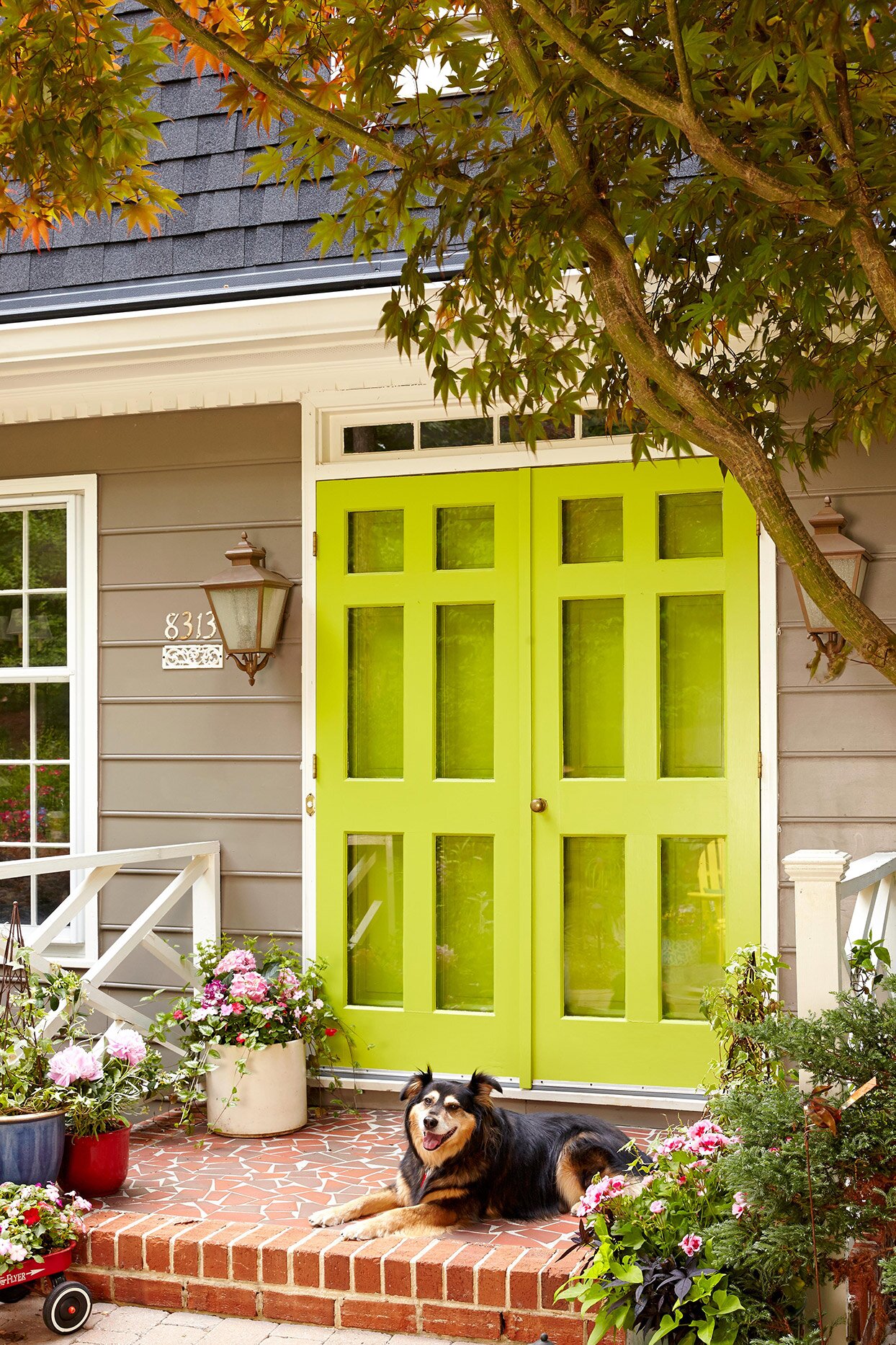 brick front steps with key lime door